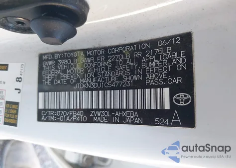 2012 Toyota Prius Two z USA, uszkodzony, nr VIN JTDKN3DU1C5477231